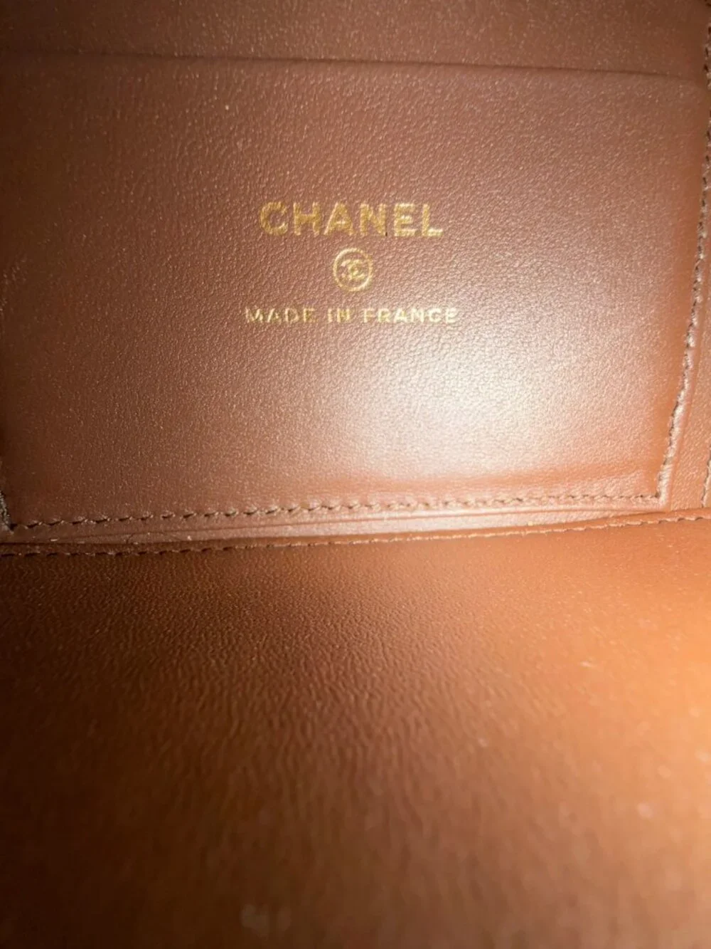 CHANEL Lambskin Quilted Small Top Handle Vanity Case With Chain in Green and Bro